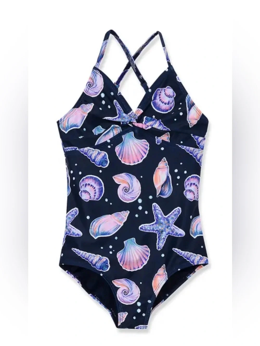 NWOT Lands' End Galaxy Shell One-Piece Swimsuit Seashells Front Twist Navy